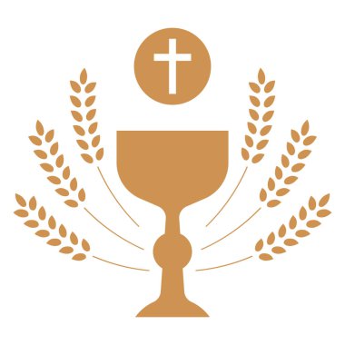 Altın kutsal komünyon kadehi ve buğday kulakları. Altın kadehle. Komünyon Hıristiyan ikonu. İlk kutsal komünyon davetiyesi ve tebrik kartı için tasarım elemanı. Ayin ikonu, Kutsal hafta 