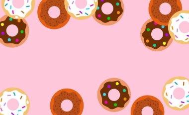 Tatlı bir arka plan ve donutlar. Tatlı çörekler. Vektör çizimi. Tatlı çöreklerle açık mavi arkaplan