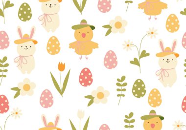Kusursuz Paskalya Yumurtası Tasarımı. Paskalya yumurtaları, tavuk, tavşan ve çiçekler. Bahar tatili dokusu. Paskalya şablonu. Paskalya deseni kusursuz. Tavşanlar, yumurtalar, çiçekler. Kumaş, tekstil, duvar kağıdı, ambalaj için tasarım