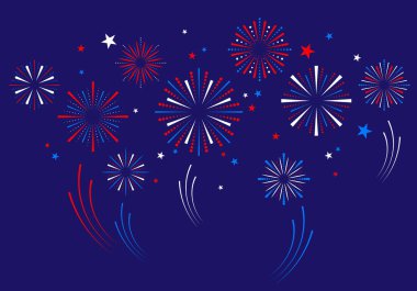 4 Temmuz, Bağımsızlık Günü arka planı havai fişeklerle dolu. Amerikan bayrağı havai fişekleri. Amerika 'nın Bağımsızlık Günü' nü kutladığımız için. 4 Temmuz 'da Kırmızı Mavi Havai fişek Heyecanı Modern Hareket Özeti