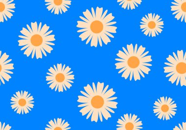 Mavi arka planda papatya çiçekleri olan kusursuz bir desen. Mavi arka planda papatyalar olan kusursuz bir desen. Daisy deseni. Mavi arka planda bahar ve yaz çiçekleri yatıyordu