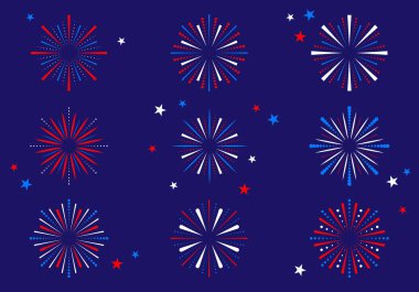 Kutlamalar için Renkli Havai fişek Vektör İllüstrasyonu. 4 Temmuz havai fişekleri. Kırmızı ve mavi yıldızlı ve kıvılcımlı havai fişekler. Amerika Birleşik Devletleri bağımsızlık günü havai fişekleri. 4 Temmuz için kırmızı, mavi havai fişekler