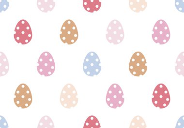 Paskalya deseni kusursuz. Süslü yumurta ve noktalarla dolu renkli bir arka plan. Duvar kağıdı, web sayfası, ambalaj kağıdı için sonsuz doku