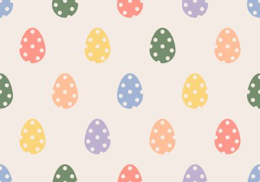 Kusursuz Paskalya yumurtaları. Yumurtalarla dekoratif, pürüzsüz desenler. Paskalya deseni kusursuz. Süslü yumurta ve noktalarla dolu renkli bir arka plan. Duvar kağıdı, web sayfası, ambalaj kağıdı için sonsuz doku