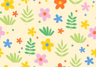 Botanik kusursuz desen. İnanılmaz çiçekli vektör kusursuz desen. Basit Çiçek Tasarım Elementleri ile Kusursuz Desen Arkaplanı. Vektör İllüstrasyonu