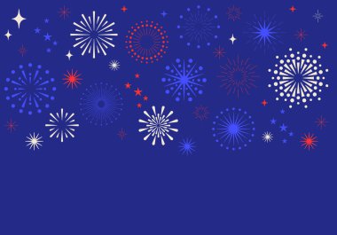 4 Temmuz 'da havai fişek gösterisi. Yıldızlı havai fişekler ve ABD 'nin bağımsızlığı şerefine kıvılcımlar. Amerika Birleşik Devletleri bayrağının renklerinde havai fişekler - beyaz, kırmızı, mavi. Vektör. 4 Temmuz, ABD Bağımsızlık Günü pankartı,