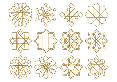 Altın doğrusal Arap çiçekli vektör elementlerinin toplanması. Geleneksel arabesk ikonları, süsler ve desenler. Süslü İslami tarzda soyut çiçek sembolleri ve logoları