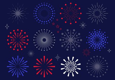 Kutlamalar için Renkli Havai fişek Vektör İllüstrasyonu. 4 Temmuz havai fişekleri. Kırmızı ve mavi yıldızlı ve kıvılcımlı havai fişekler. Amerika Birleşik Devletleri bağımsızlık günü havai fişekleri. 4 Temmuz için kırmızı, mavi havai fişekler