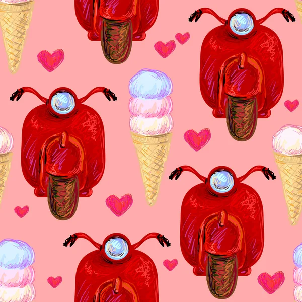 Pattern with red scooters, ice cream — Stockvector