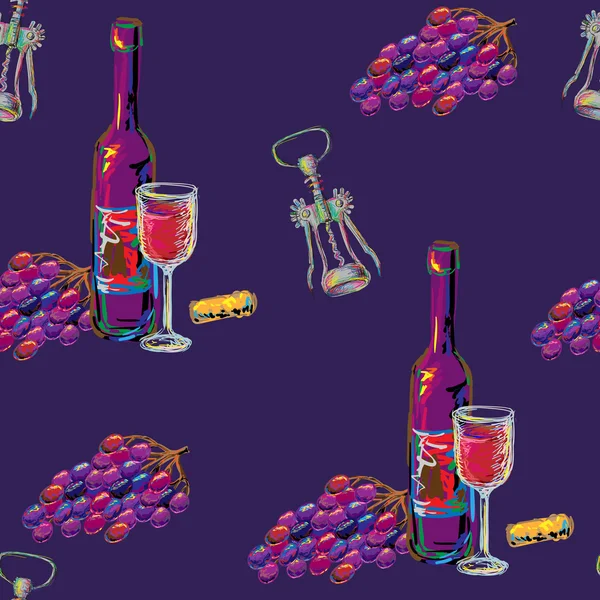 Desen şarap gözlük ve şişeler, tirbuşon, üzüm, mantar ile — Stok Vektör