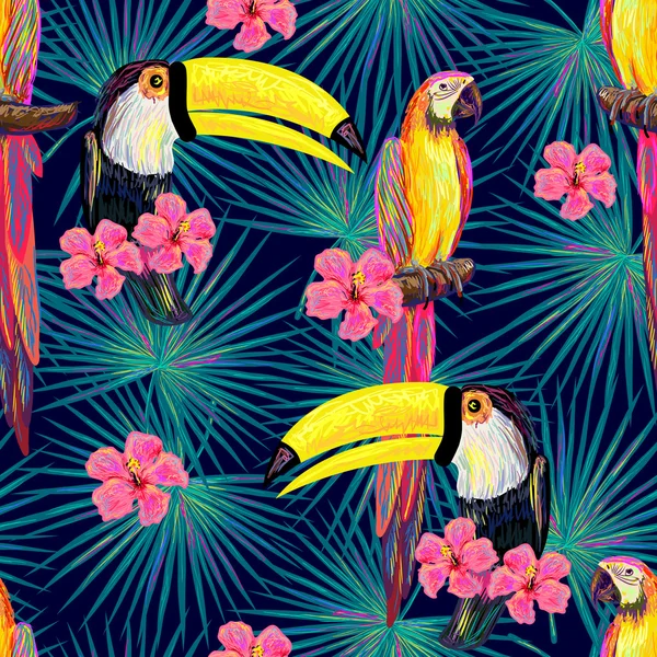 Pattern with toucans and parrots — 스톡 벡터