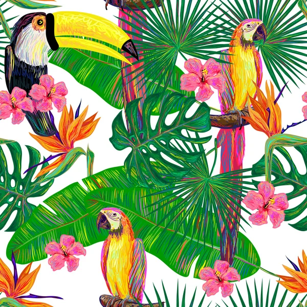 Pattern with toucans and parrots — Διανυσματικό Αρχείο