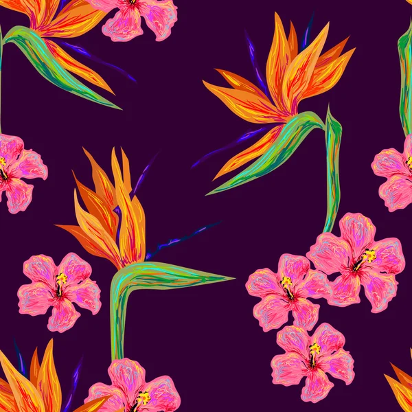 รูปแบบเขตร้อนที่มีดอกไม้แปลกใหม่ — ภาพเวกเตอร์สต็อก