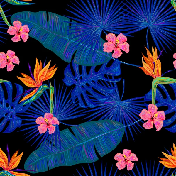Patrón tropical de verano con flores exóticas — Archivo Imágenes Vectoriales