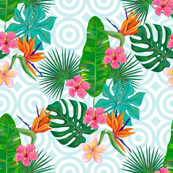 Summer tropical pattern with exotic flowers — Stok Vektör