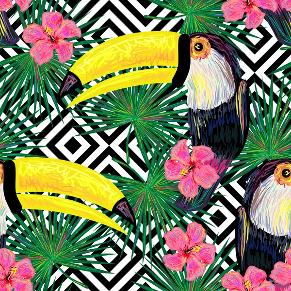 Motif jungle avec des oiseaux exotiques toucan — Image vectorielle