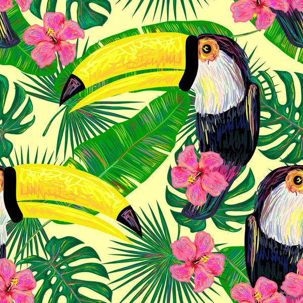 Motif jungle avec des oiseaux exotiques toucan — Image vectorielle