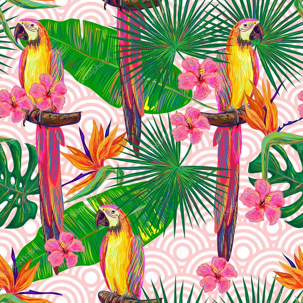 Seamless jungle pattern with parrots