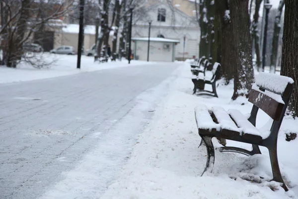 Il sentiero nel parco dopo la nevicata con panchine — Foto Stock