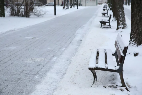 Sökvägen i parken efter snöfall med bänkar — Stockfoto