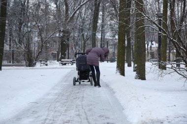 Arabası ile yürüyen kadın