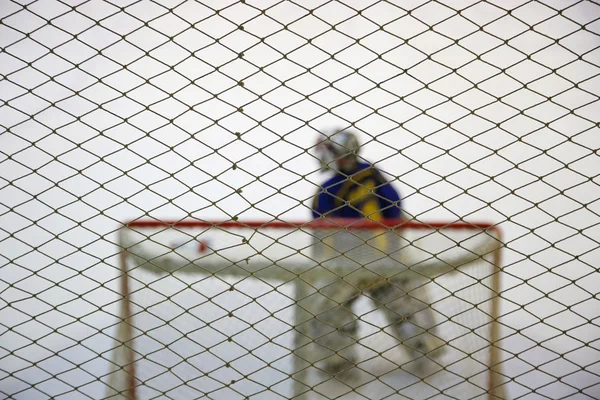 Portero de hockey sobre hielo cerca de puertas en el hielo —  Fotos de Stock