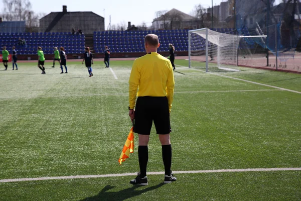 Linesman dengan bendera di lapangan sepak bola — Stok Foto