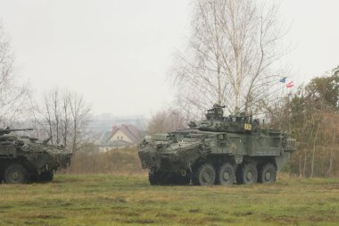 DAUGAVPILS, LATVIA - 10 Kasım 2025: Askeri Kararlı Savaşçı. Askeri tatbikat sırasında zırhlı araç sahaya çıkıyor.