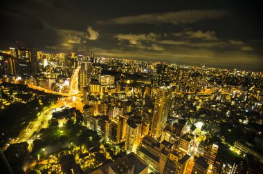 Gökdelenleri olan modern şehrin gece manzarası