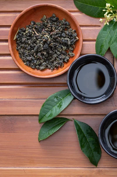 Zelený Čaj Šálku Dřevěném Pozadí — Stock fotografie