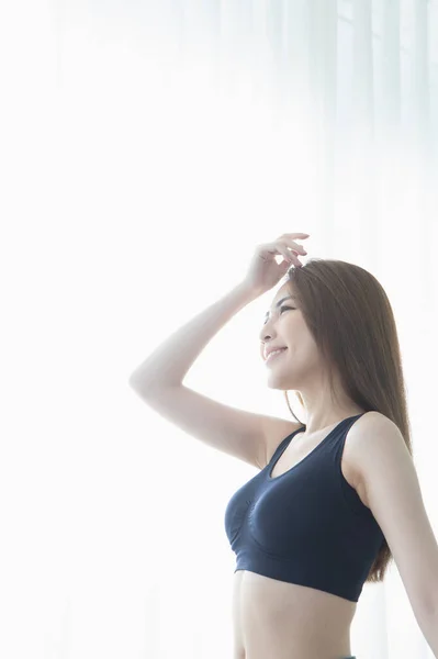 Side View Happy Asian Girl Standing Her Room — Stockfoto