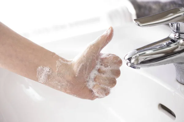 Woman Washing Hands Soap Showing Thumb Gesture — Stock Photo, Image