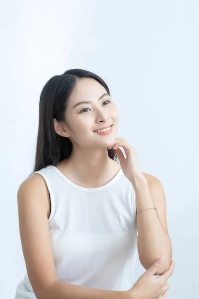Close Portrait Happy Asian Woman Skin Care Beauty Concept — Photo