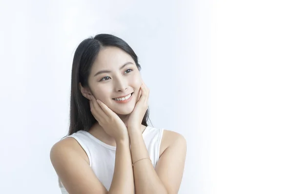 Zbliżenie Portret Szczęśliwy Azji Kobieta Pielęgnacja Skóry Piękna Koncepcja — Zdjęcie stockowe