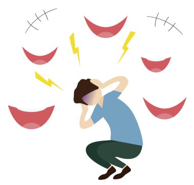 stressed person and laughing mouths with arrows