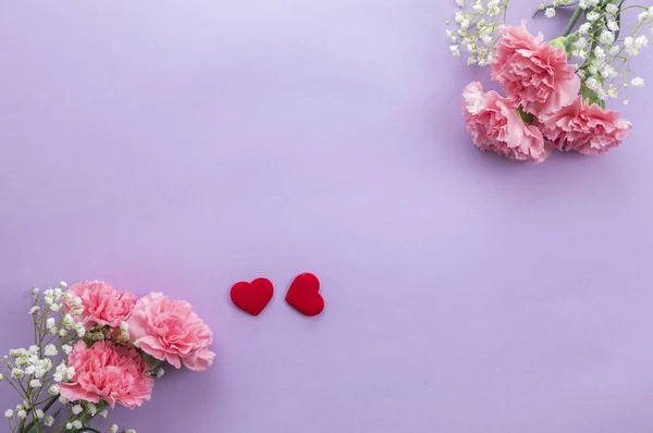 Beautiful Pink Carnations Hearts Decor Top View Copy Space — 스톡 사진