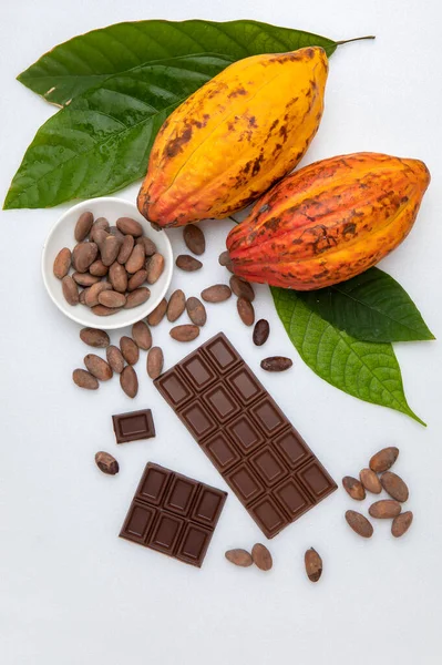 Barras Chocolate Negro Granos Cacao Naturales Sobre Fondo Blanco — Foto de Stock