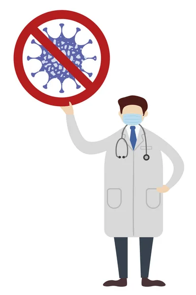 Doctor Holding Restricted Coronavirus Cell Banner Stylish Illustration — Stock fotografie