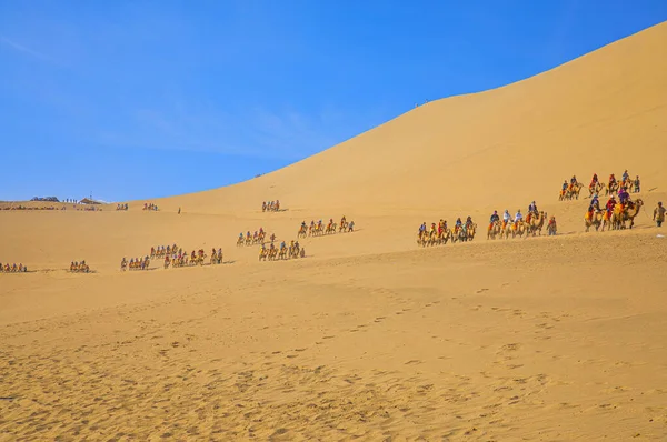 モロッコのサハラ砂漠の砂丘を通るラクダキャラバン — ストック写真