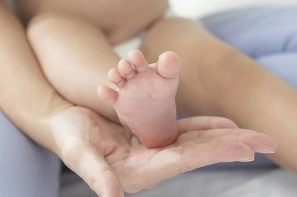 Pies Bebé Manos Una Madre Joven —  Fotos de Stock