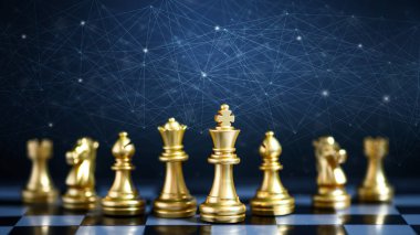 Satranç tahtasındaki altın renkli satranç taşları, King parçasına odaklanmış nokta ve çizgi grafik dekorasyonlu. İş stratejisi konsepti. İş takım çalışması konsepti.