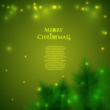 Çam dalları ve ışıklar ile tebrik Noel kartı. Festival aydınlatma