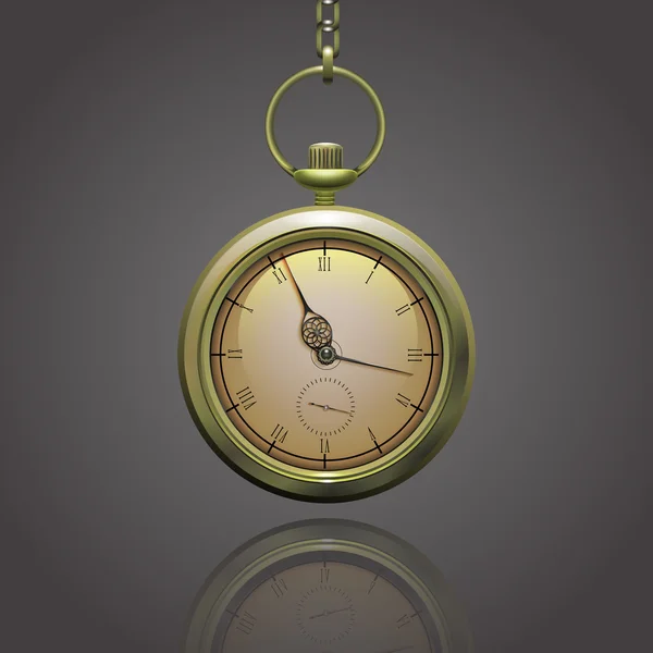 Reloj de bolsillo vintage de oro en una cadena con números romanos — Vector de stock