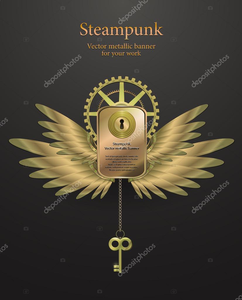 Banner with gears in the form of metal wings. retro steampunk. logo. vector illustration