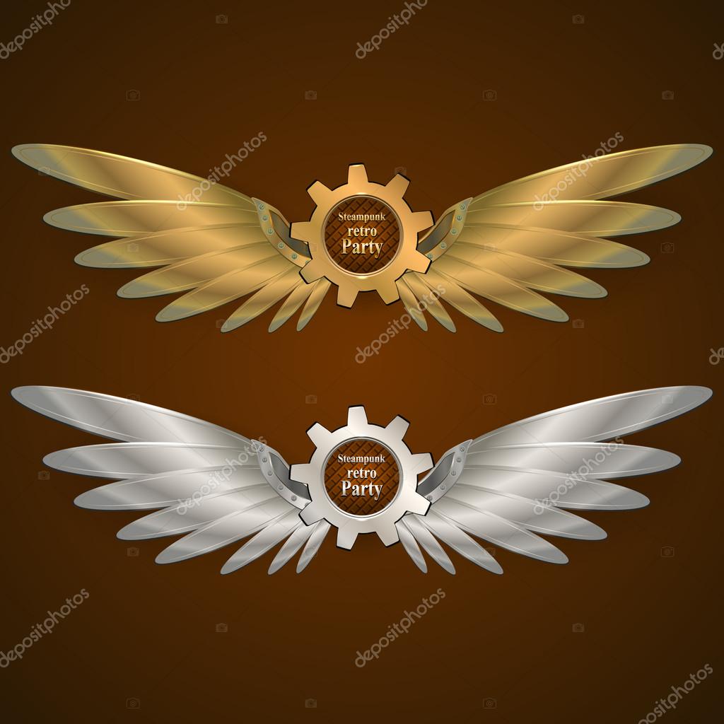 Set banners with gears in the form of metal wings. retro steampunk party. logo. vector illustration
