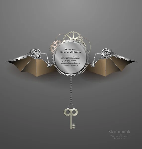 Banner metallico industriale con ali e chiave. stile steampunk — Vettoriale Stock