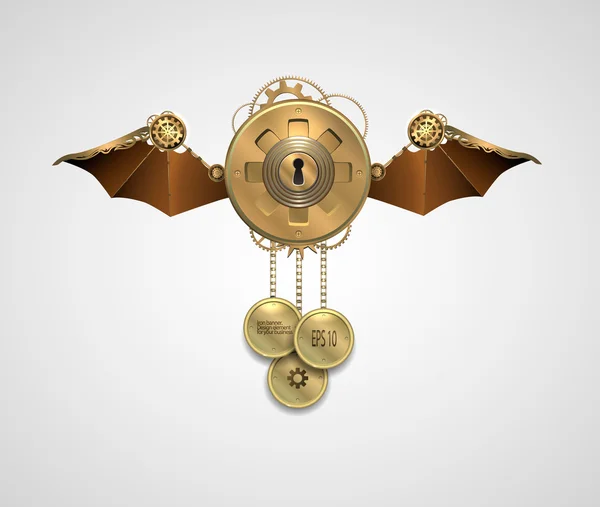 Μεταλλικό έμβλημα μενταγιόν. με φτερά, μια κλειδαρότρυπα και το κλειδί. Steampunk — Διανυσματικό Αρχείο