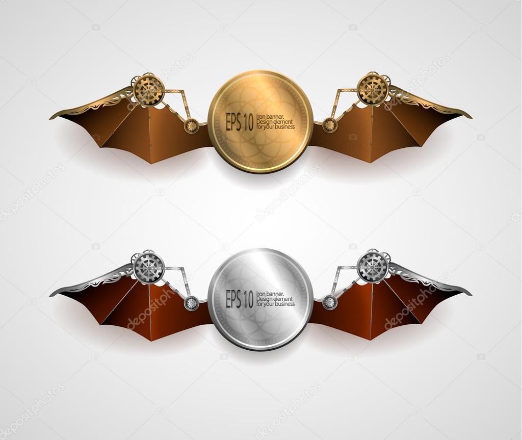 set of industrial metallic banners with wings. steampunk style