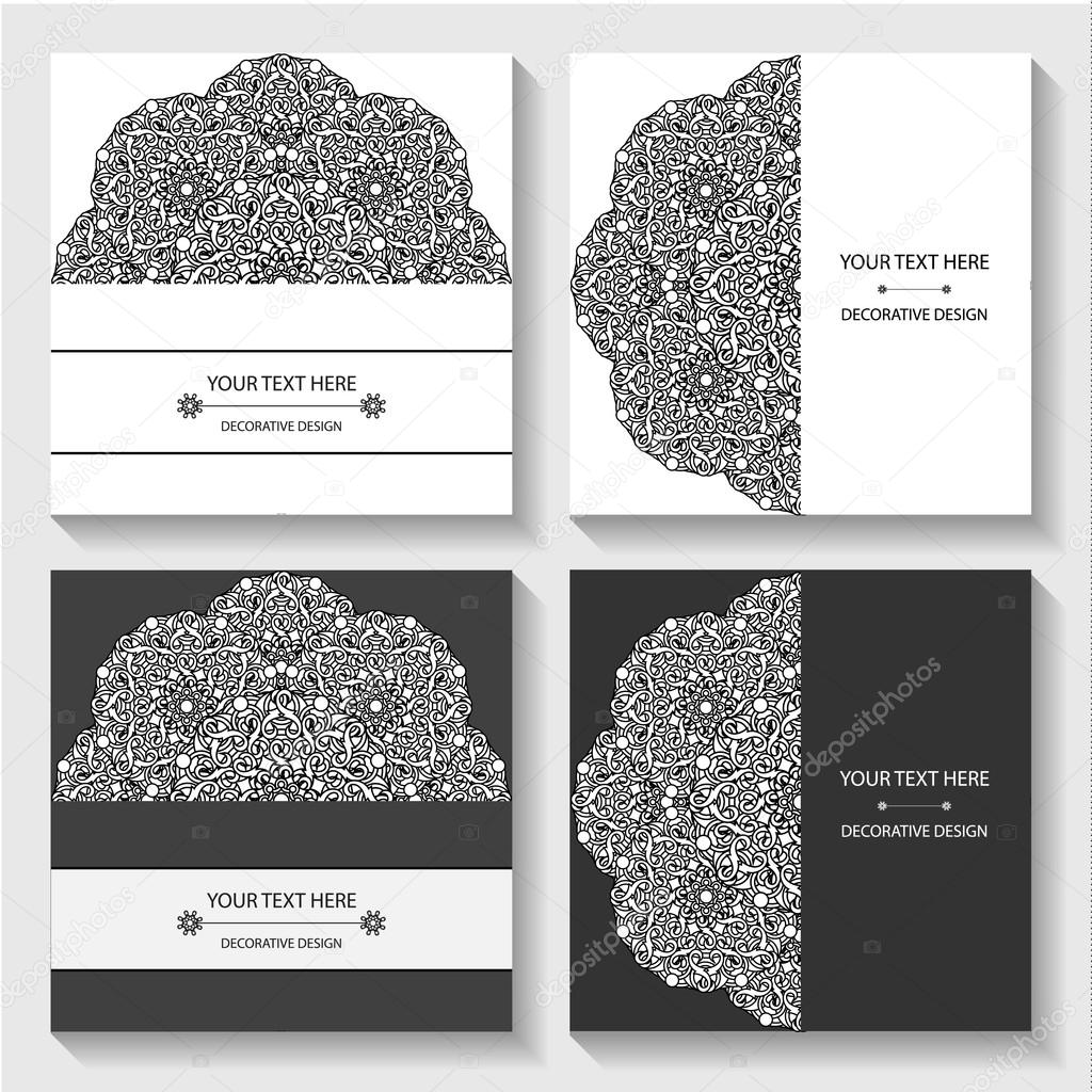 Set templates business cards and invitations with circular patterns of mandalas. Corporate style for your documents. Vector illustration