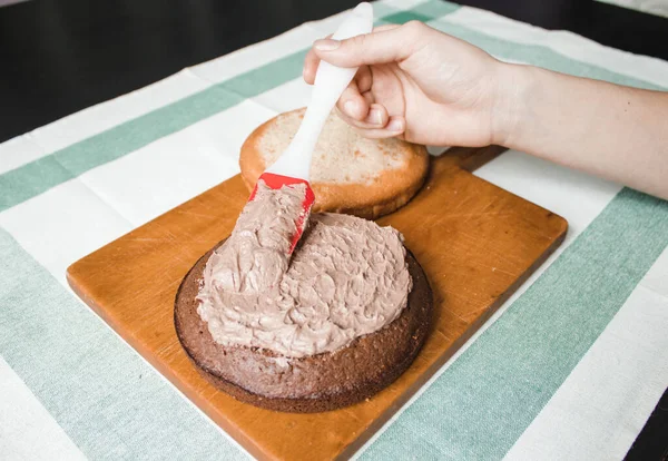 Genç bayan evde küçük bir pasta hazırlıyor. İki sünger keki ve aralarında krema katmanı, rendelenmiş acı çikolatalı çikolata ganacından oluşuyor. Evde kek pişirme süreci. Adım adım tarifli fotoğraf serileri